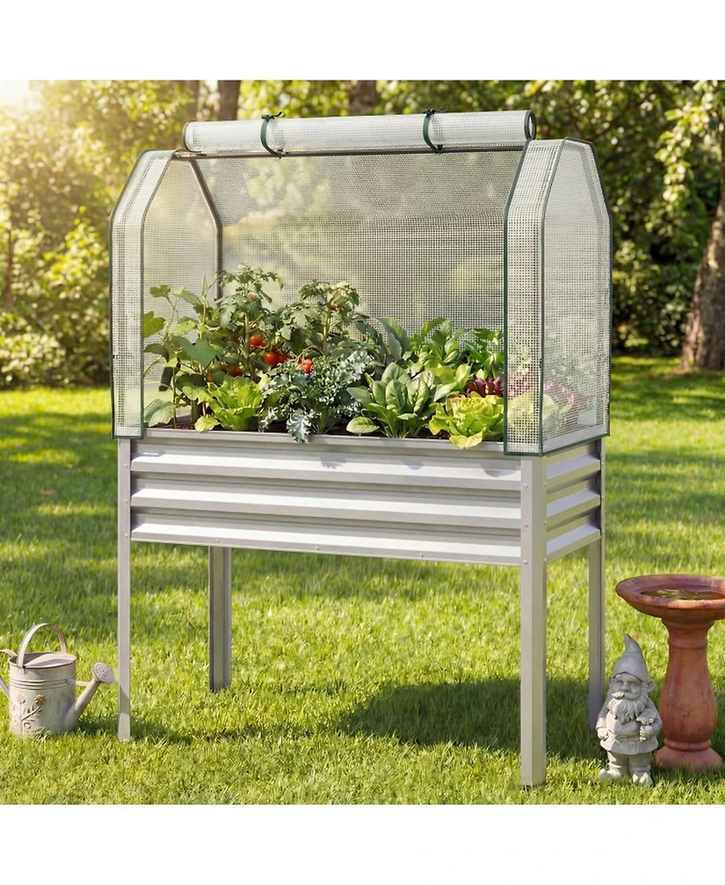 Gouun Galvanized Raised Garden Bed with Legs and Greenhouse Cover