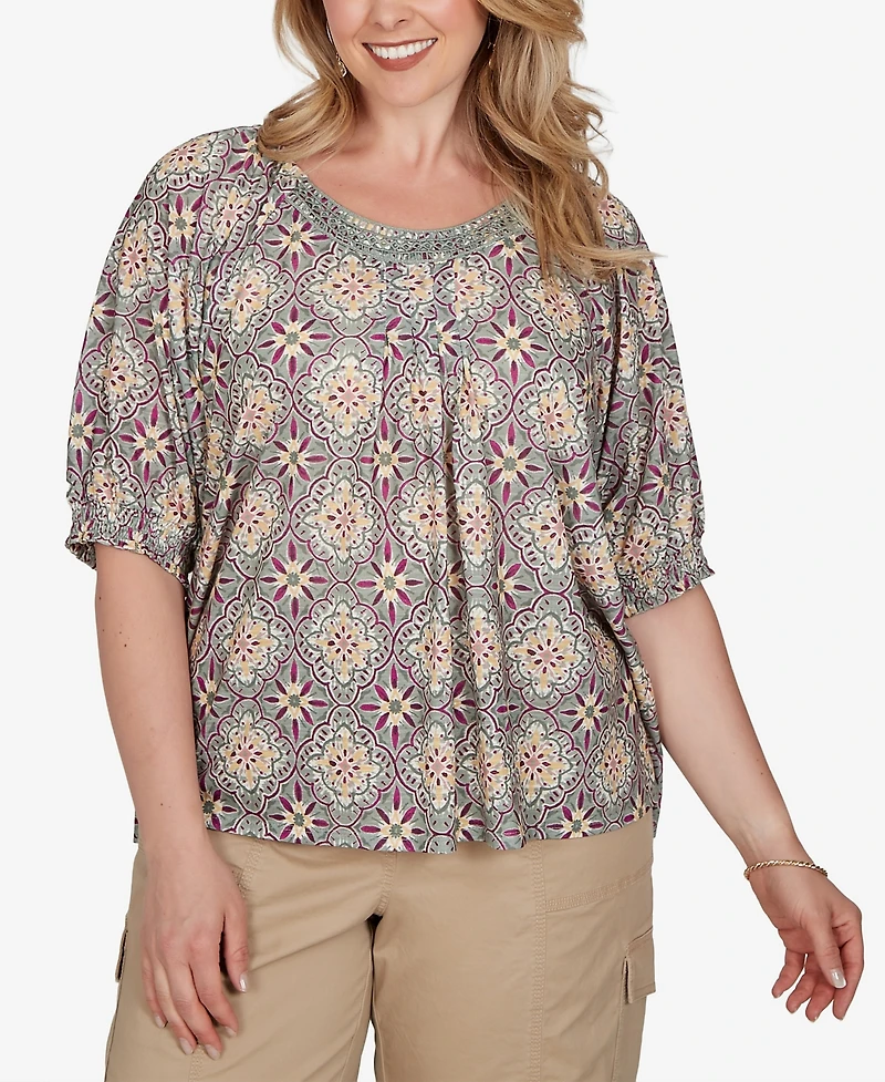 Ruby Rd. Plus Desert Geo Print Lace Trim Knit Top