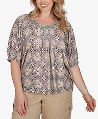 Ruby Rd. Plus Desert Geo Print Lace Trim Knit Top