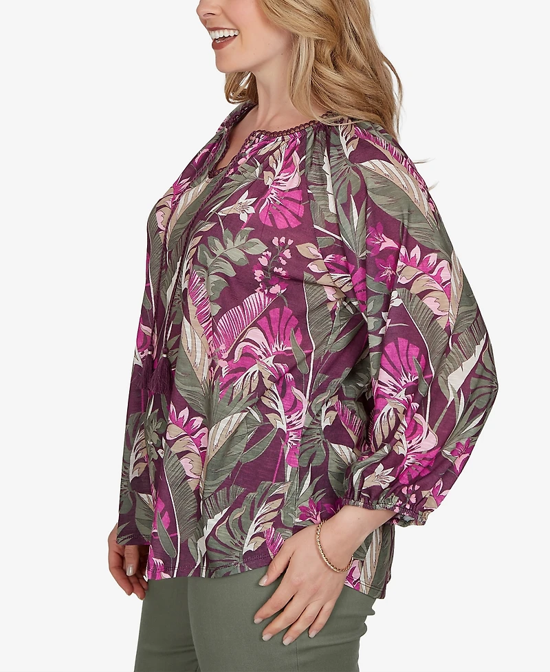 Ruby Rd. Plus Tropical Print Knit Tassel Top