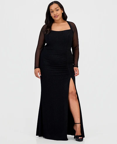 City Studios Trendy Plus Mesh-Sleeve High-Slit Gown