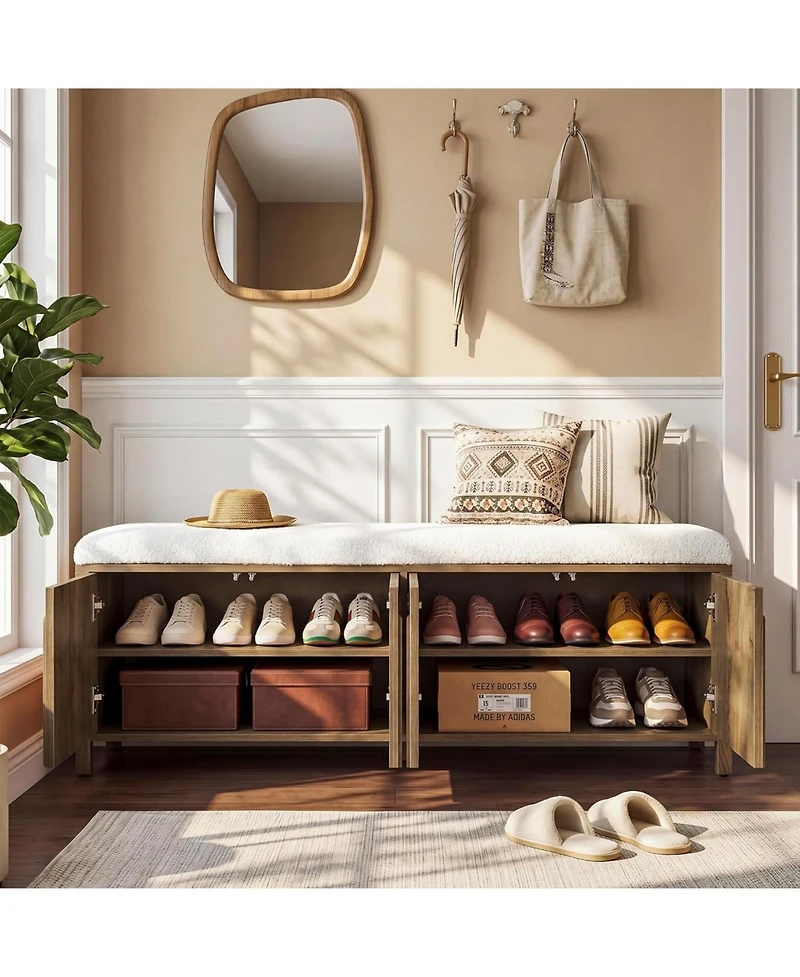 Tribesigns 55" Shoe Storage Bench with Thickened Padded Seat Cushion, 2-Tier Wooden Farmhouse Indoor Entryway Bench with Pop-Up Doors