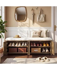 Tribesigns 55" Shoe Storage Bench with Thickened Padded Seat Cushion, 2-Tier Wooden Farmhouse Indoor Entryway Bench with Pop-Up Doors