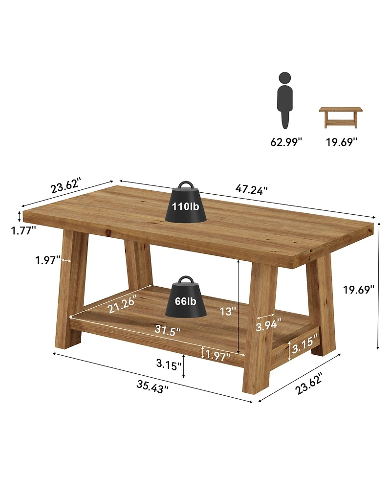 Tribesigns Rustic Solid Wood Coffee Table, 2-Tier Rectangle Accent Center Table with Lower Storage Shelf, Farmhouse Simple Cocktail Tea Tables