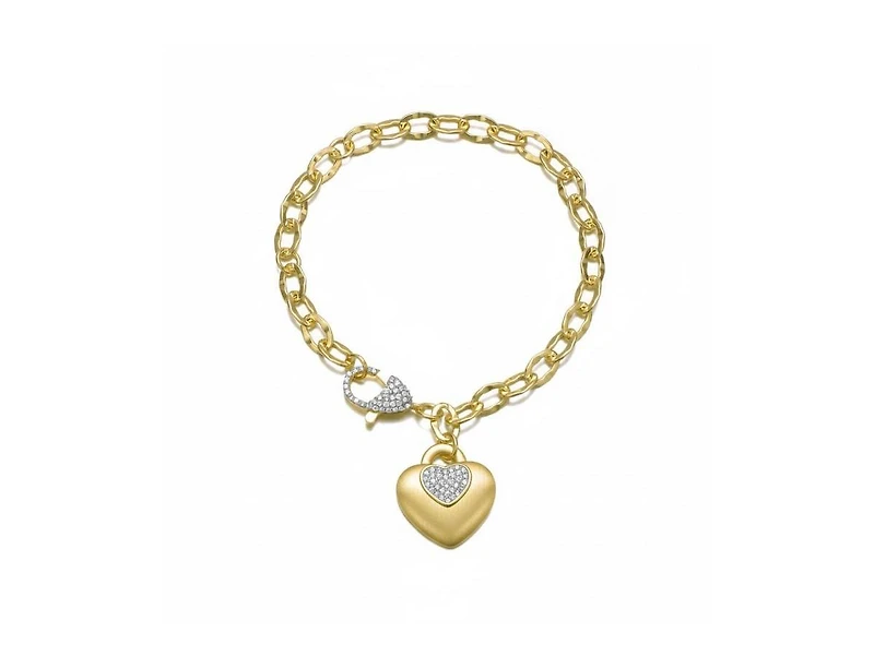 Rachel Glauber Matte 14K Gold Plated Cz Puff Heart Charm Chain Bracelet