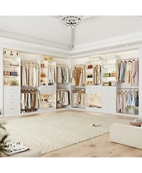 Aheaplus Wooden Closet System Set with 6 Drawers and 5 Hanging Rods and 6 Shelves