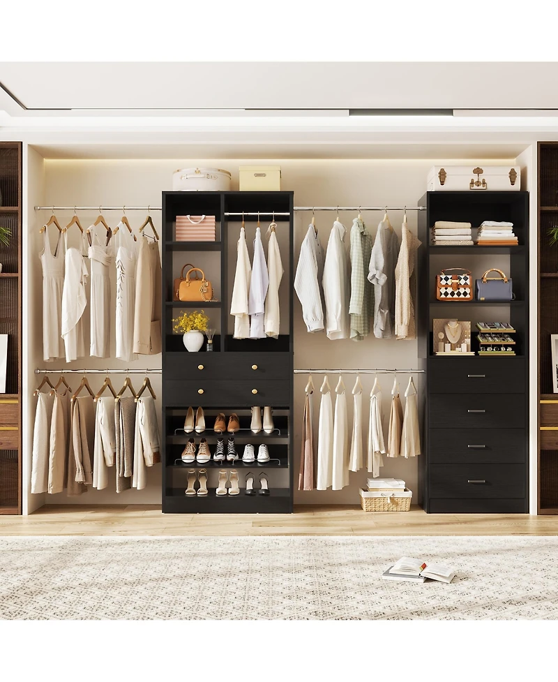Aheaplus Wooden Closet System Set with 6 Drawers and 5 Hanging Rods Shelves