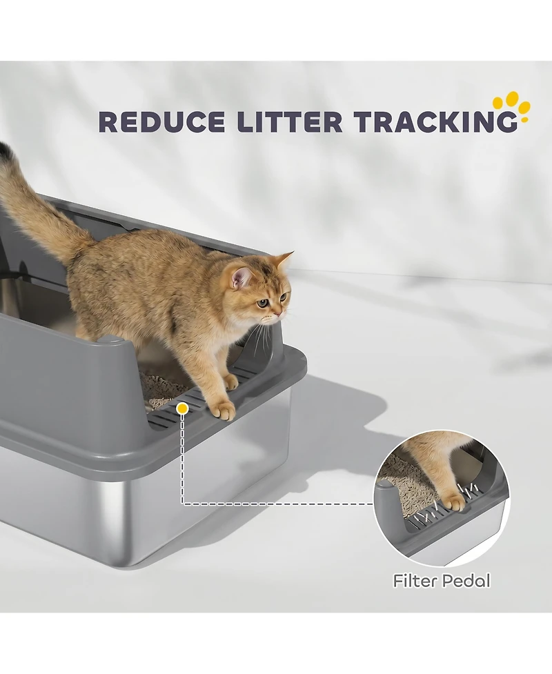PawHut Xl Stainless Steel Cat Litter Box High Sided Include Scoop Pad