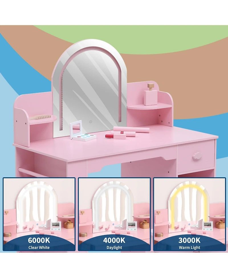 homfan Led Lighted Kids Vanity Table with Mirror, Stool, Bookshelf and Storage – Princess Wooden Makeup Desk for Girls Bedroom or Playroom