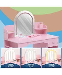 homfan Led Lighted Kids Vanity Table with Mirror, Stool, Bookshelf and Storage – Princess Wooden Makeup Desk for Girls Bedroom or Playroom