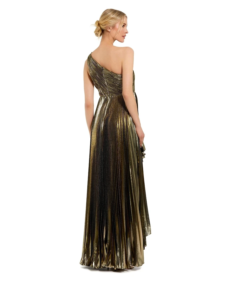 Mac Duggal Petite Pleated Metallic One Shoulder High Low Gown