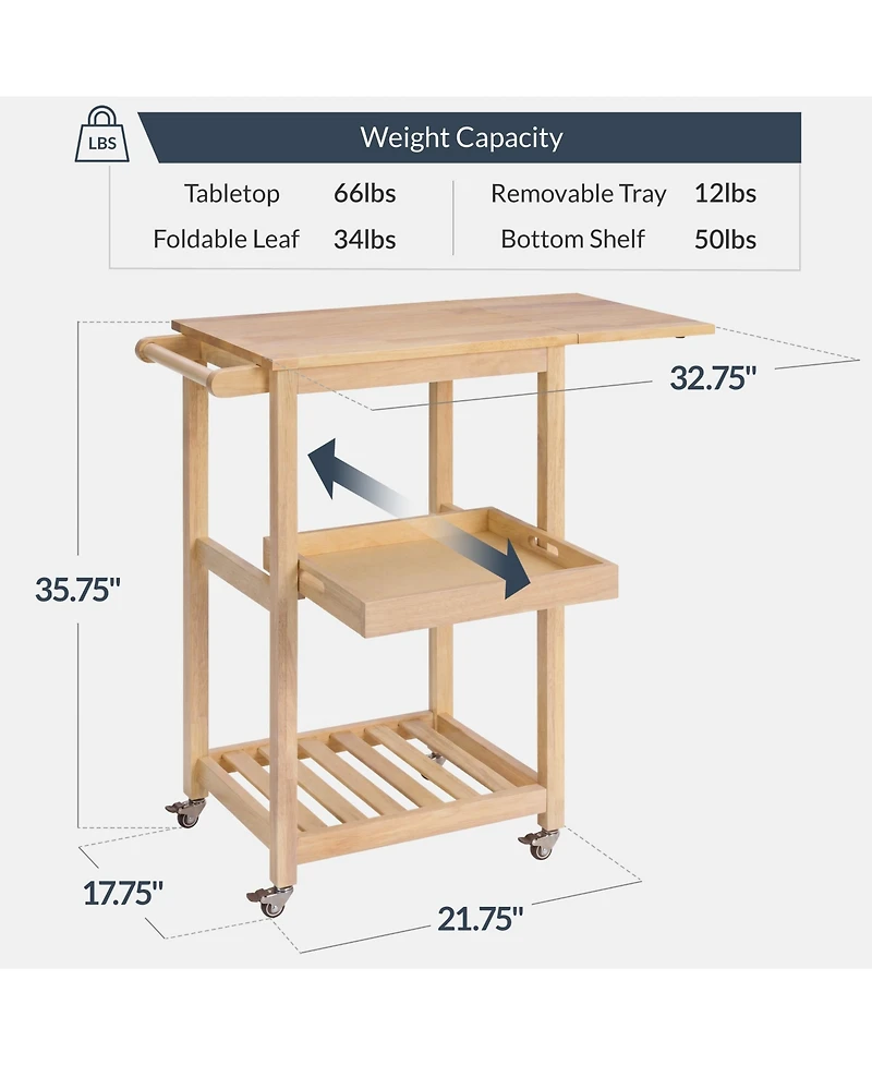 Best Choice Products Rolling Kitchen Island Cart with Drop Leaf Extension, Solid Wood, Tray, Shelf, Wheels