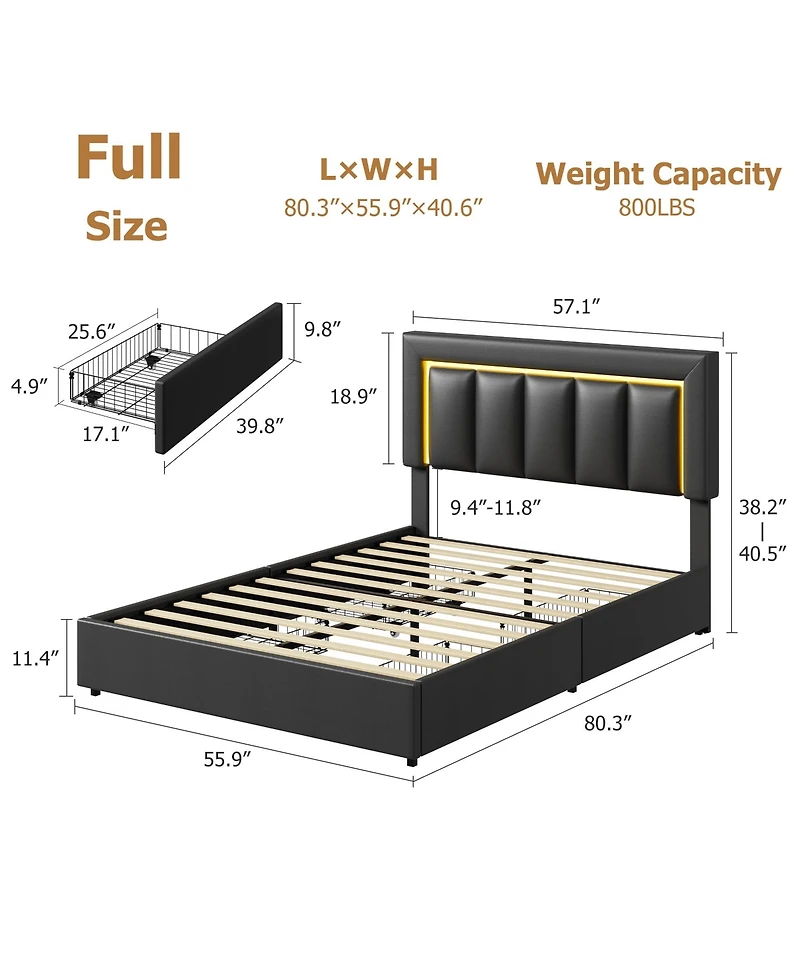 Homfan Led Bed Frame with 4 Drawers, Pu Leather Platform Charging Station for Bedroom