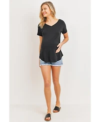 Hello Miz Maternity Short Sleeve V Neck Top with Back Strap Detail