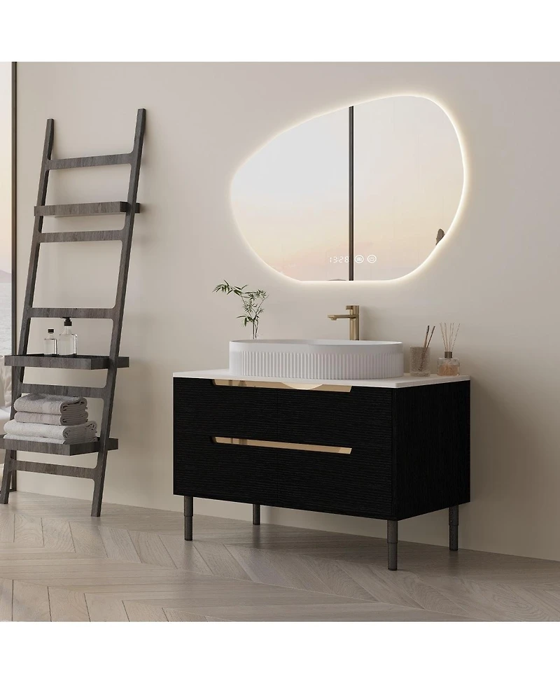 Thirtypeachy 36" Walnut Modern Sintered Stone Freestanding Bathroom Vanity Set, Ceramic Sink Included, 2 Drawers And Cabinets