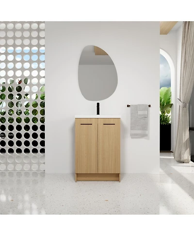 Sillysis 24 Inch Freestanding Bathroom Vanity with Resin Sink, Modern Light Wood Cabinet, Soft-Close Doors and Adjustable Shelf