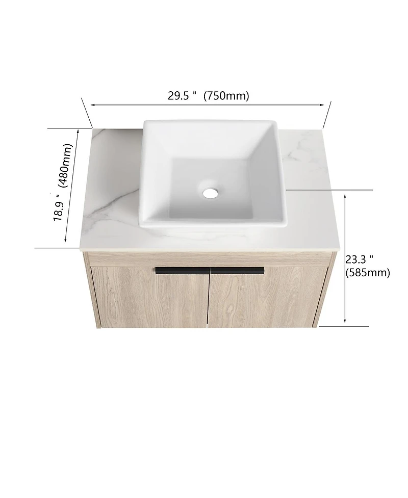 Sillysis Wall Mounted Bathroom Vanity with Ceramic Vessel Sink, Side Storage Shelf, Soft Close Doors