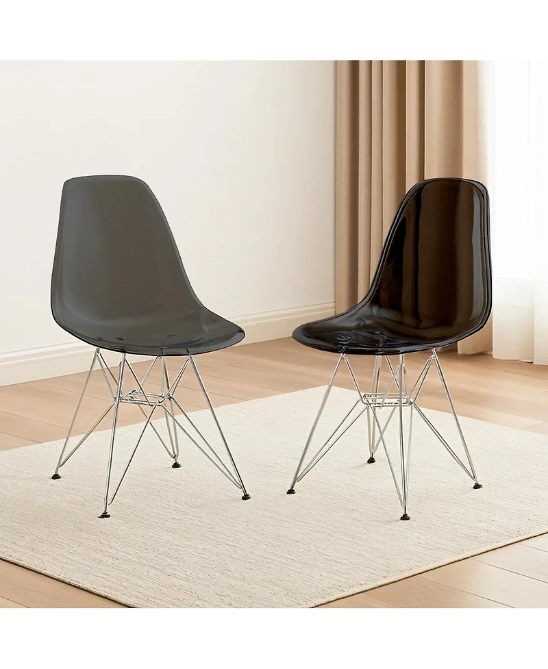 LeisureMod Cresco Acrylic Dining Chair Set of 2 Chrome Eiffel Base and Curved Back Design, Ergonomic Lightweight Accent Side