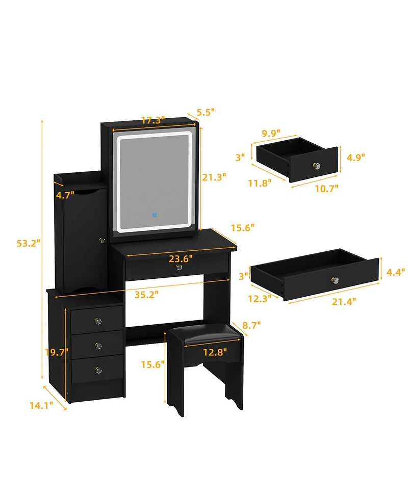Homsee 52-Inch Vanity Desk with Matching Stool - Modern Makeup Table Led Light & Sliding Mirror | 2-in-1 Dresser Nightstand Combo