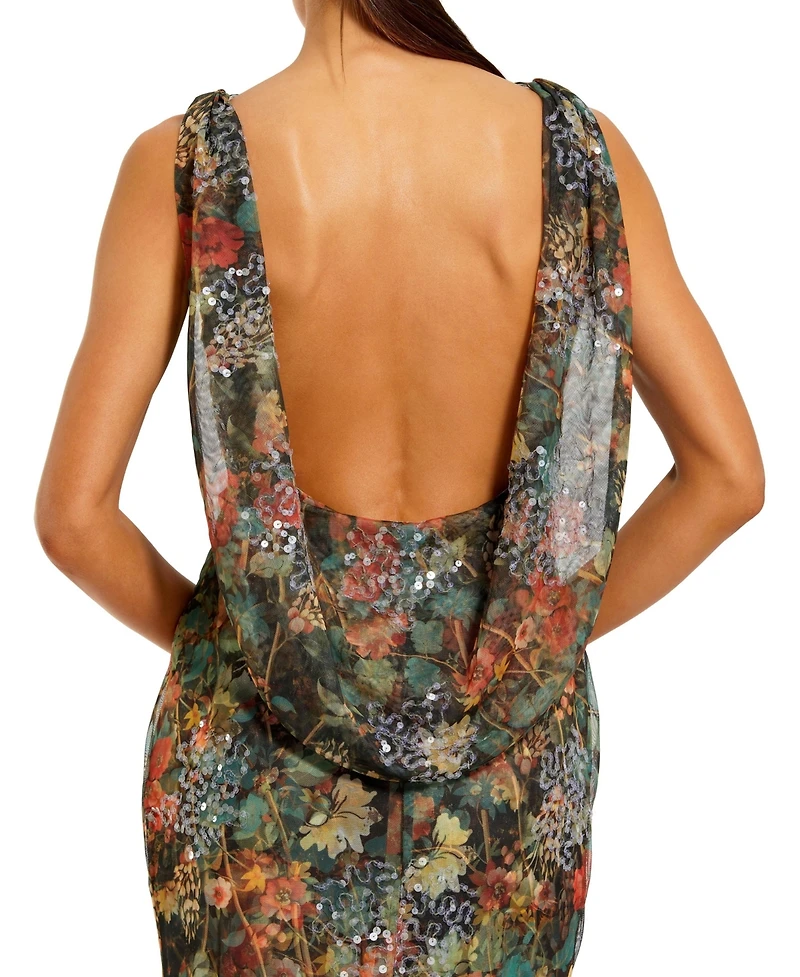 Mac Duggal Women's High Neck Printed Mesh Cowl Back Column Gown