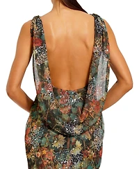 Mac Duggal Women's High Neck Printed Mesh Cowl Back Column Gown