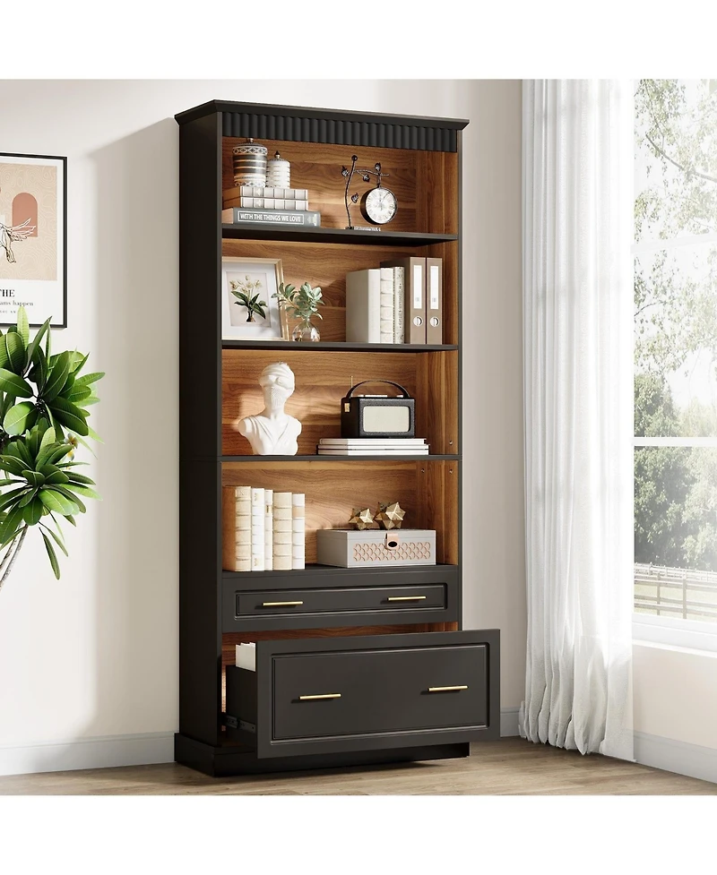 Slickblue Modern 5 Shelf Bookcase with Drawers for Home Office Storage