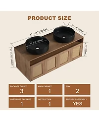 Sillysis Wall Mounted Double Bathroom Vanity, Modern Plywood Cabinet with Dual Vessel Ceramic Sinks, Open Storage Shelf