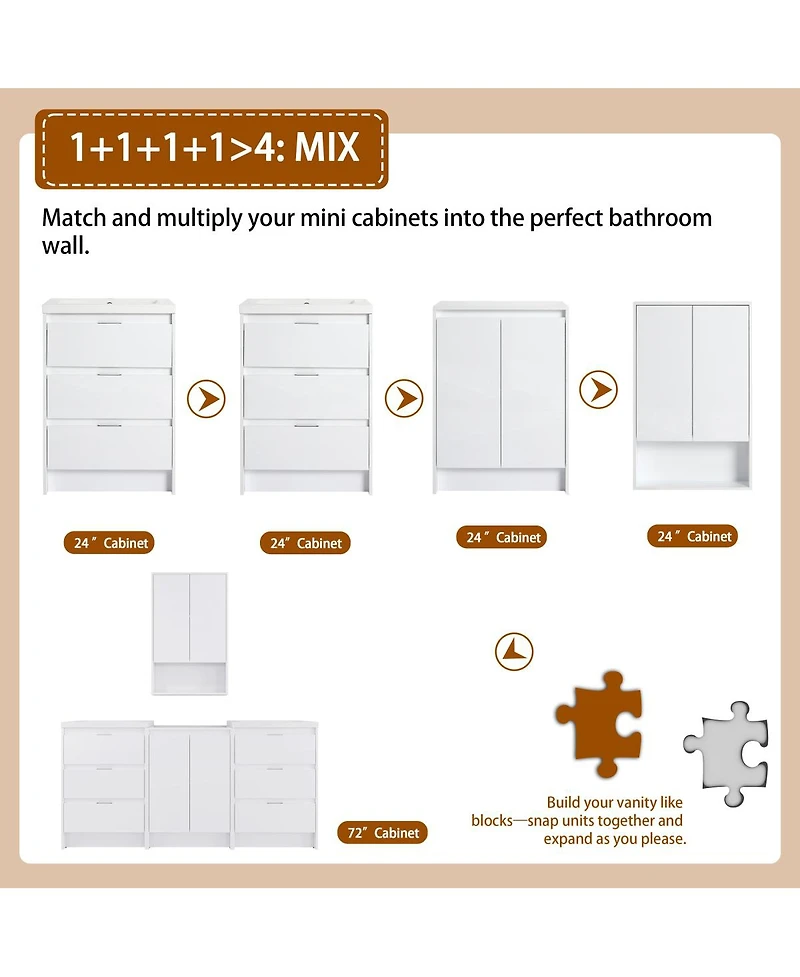 Sillysis 71 Inch Double Sink Modern Freestanding Bathroom Vanity with Resin Sinks, Soft Close Drawers, Storage and Wall Cabinets