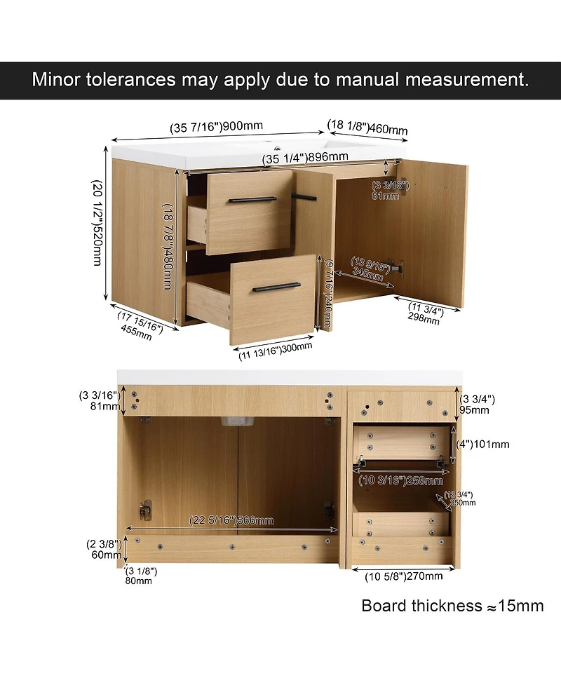 Sillysis 36 Inch Wall Mounted Bathroom Vanity with Drawers, Resin Sink, Soft Close Doors