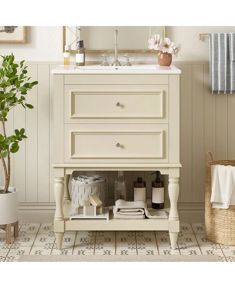 Thirtypeachy 24" French White Simple Solid Wood Mdf Bathroom Vanity With Ceramic Sink, 2 Drawers Adjustable Shelf, 4" Faucet Fit