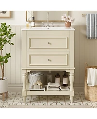 Thirtypeachy 24" French White Simple Solid Wood Mdf Bathroom Vanity With Ceramic Sink, 2 Drawers Adjustable Shelf, 4" Faucet Fit