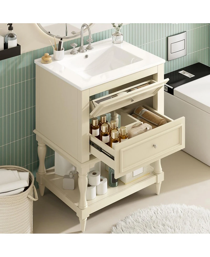 Thirtypeachy 24" French White Simple Solid Wood Mdf Bathroom Vanity With Ceramic Sink, 2 Drawers Adjustable Shelf, 4" Faucet Fit