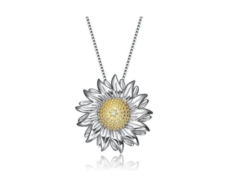 Genevive Unique Sterling Silver Two-Tone Sunflower Cz Pendant Necklace