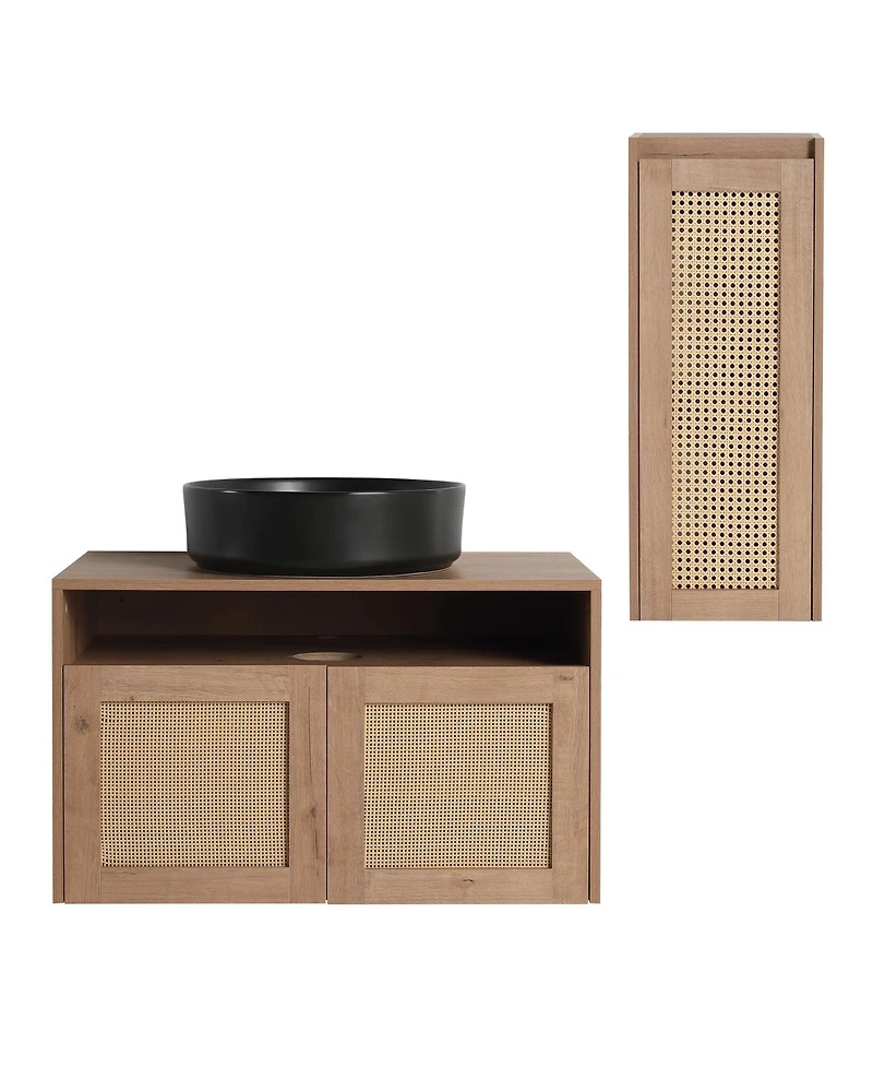 Sillysis Wall Mounted Bathroom Vanity Set, Modern Plywood Cabinet with Vessel Sink, Rotating Rattan Side Storage