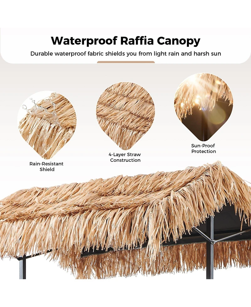 Pocassy 3-Piece Outdoor Tiki Bar Set with Palapa Top, Wicker Islander Tiki Bar and 2 Wicker Stools for Garden