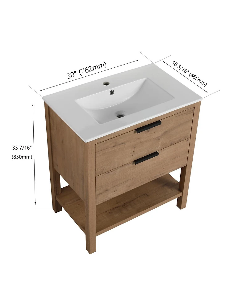Sillysis Freestanding Bathroom Vanity with Ceramic Sink, Modern Soft Close Drawers, Open Storage Shelf, Plywood Base