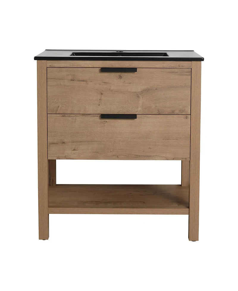 Sillysis Freestanding Bathroom Vanity with Ceramic Sink, Modern Soft Close Drawers, Open Storage Shelf, Plywood Base