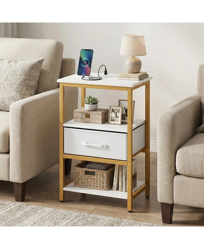Slickblue Modern Nightstand with Adjustable Fabric Drawer and Charging Station