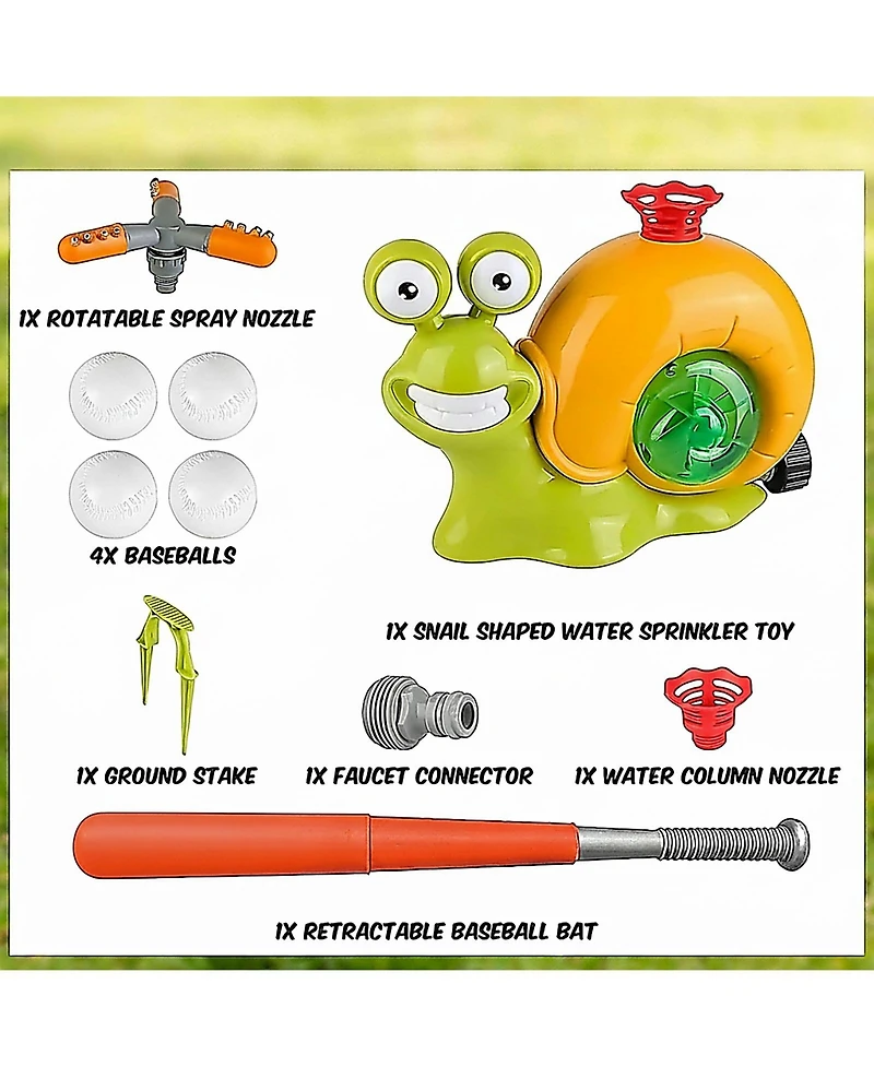 Sevorley 2-in-1 Snail Water Sprinkler Baseball Toy with Rotating Spray for Kids