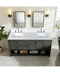 Sillysis 61 Inch Double Sink Quartz Bathroom Vanity Top with Undermount Sinks, Carrara Marble Look, 4" Backsplash, Stain and Heat Resistant