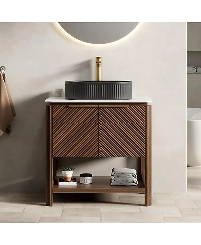 Sillysis Modern Bathroom Vanity with Vessel Sink, Sintered Stone Countertop, Soft Close Solid Wood 3D Doors