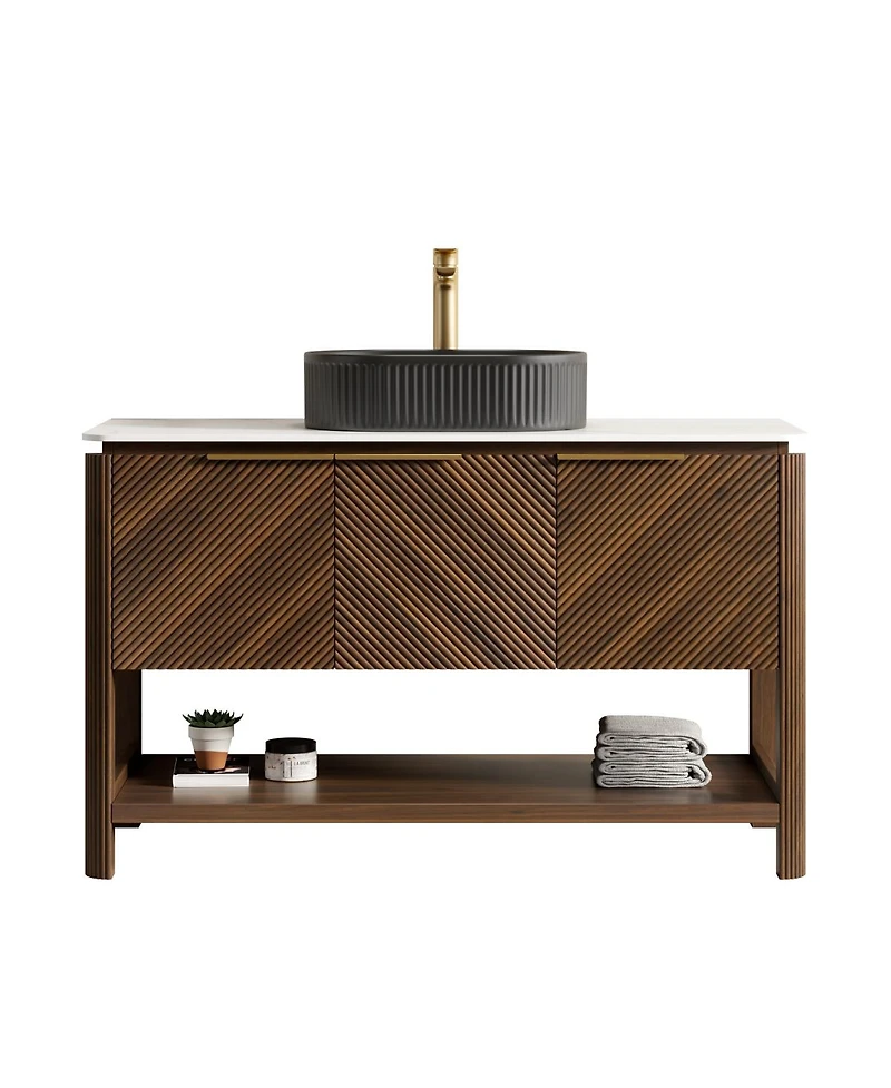Sillysis Modern Bathroom Vanity with Vessel Sink, Sintered Stone Countertop, Soft Close Solid Wood 3D Doors