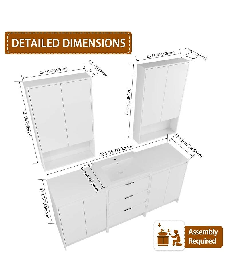 Sillysis 71 Inch Freestanding Bathroom Vanity with Resin Sink, Modern Storage Cabinets, Wall Cabinets, Soft Close Drawers