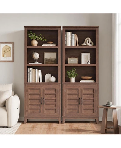 homfan Set of 2 5-Tier Bookcase with Door, Wooden Farmhouse Etagere for Home Office or Living Room