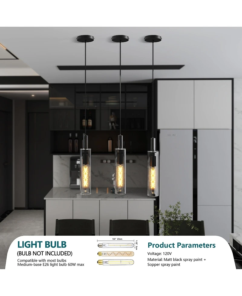 Midola 3 Pack Pendant Lights Kitchen Island, Adjustable Modern Glass Pendant Light Over Island, Industrial Pendant Light Fixtures for Dining Room