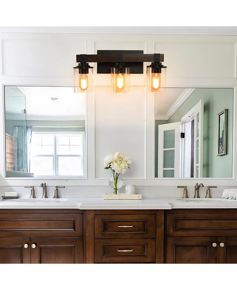 Midola 19" Rustic 3-Light Vanity Light, Industrial Bathroom Wall Sconce with Glass Shades and Wood Accent, Modern Farmhouse Lighting Fixture