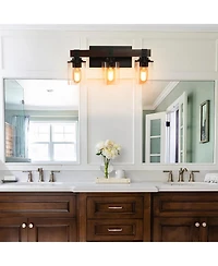 Midola 19" Rustic 3-Light Vanity Light, Industrial Bathroom Wall Sconce with Glass Shades and Wood Accent, Modern Farmhouse Lighting Fixture