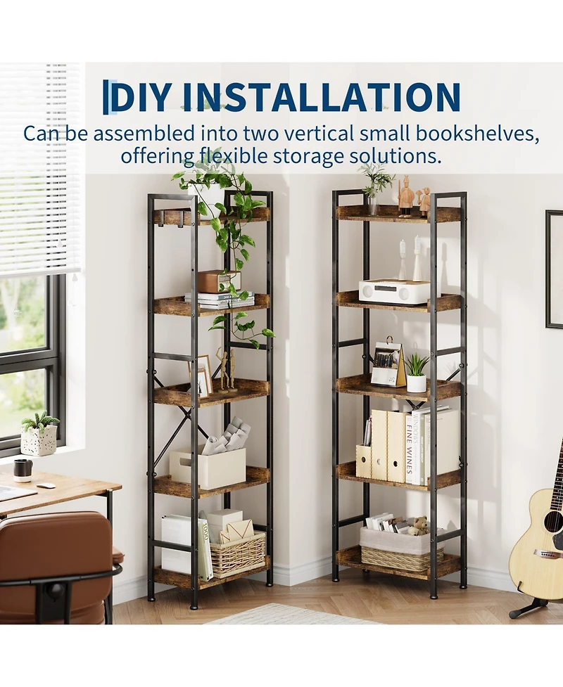 homfan 14-Tier Rustic Open Bookshelf, Carbon Steel Frame Storage Organizer with Side Guard Rails and Anti-Tilt Design,Easy Assembly Home Display Shelf