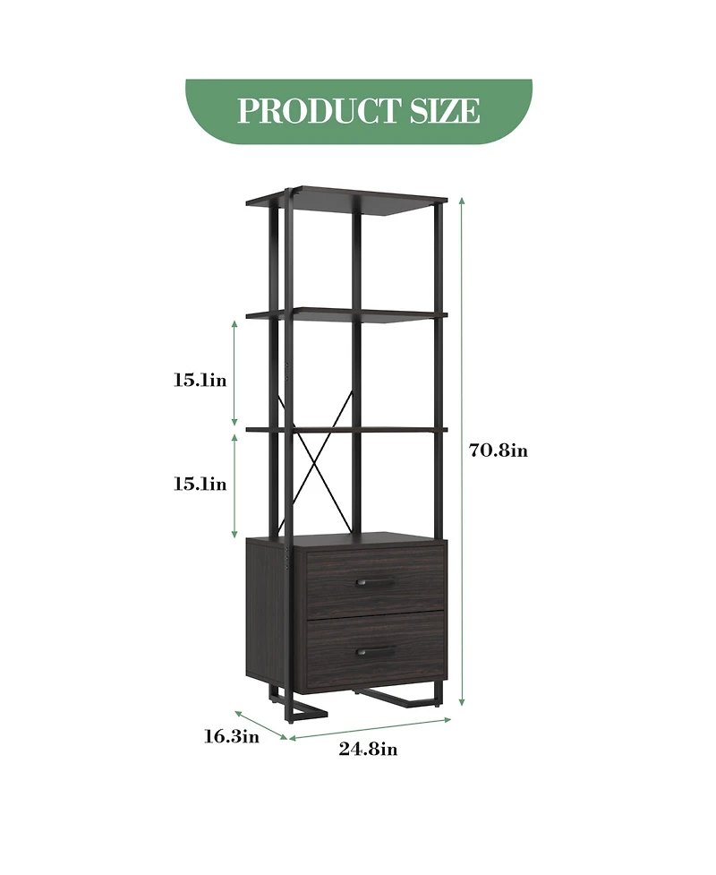 homfan Industrial Steel-Wood Storage Bookcase, Multi-Shelf Cabinet with Hidden Drawers and Anti-Tip Device, Easy Assembly Home Office Organizer
