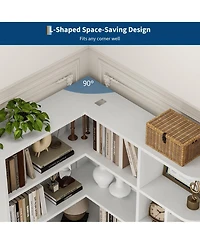 homfan 74 Inch Tall Corner 6-Tier Book Shelf with Drawer and Cabinets, l-Shaped Bookcase Open Storage Shelves Modern Display Shelf for Home, Office